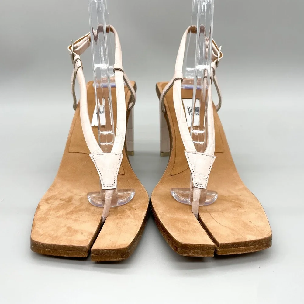 Miista London Womens 40 9.5 Ailsa Split Toe Sandals Pink Croc Leather Thong Heel